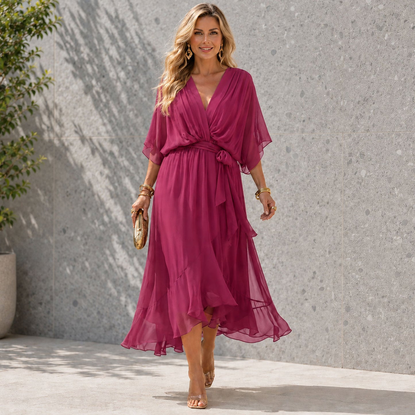 Damesjurk Chiffon met V-hals en Vloeiend Silhouet Lizzy
