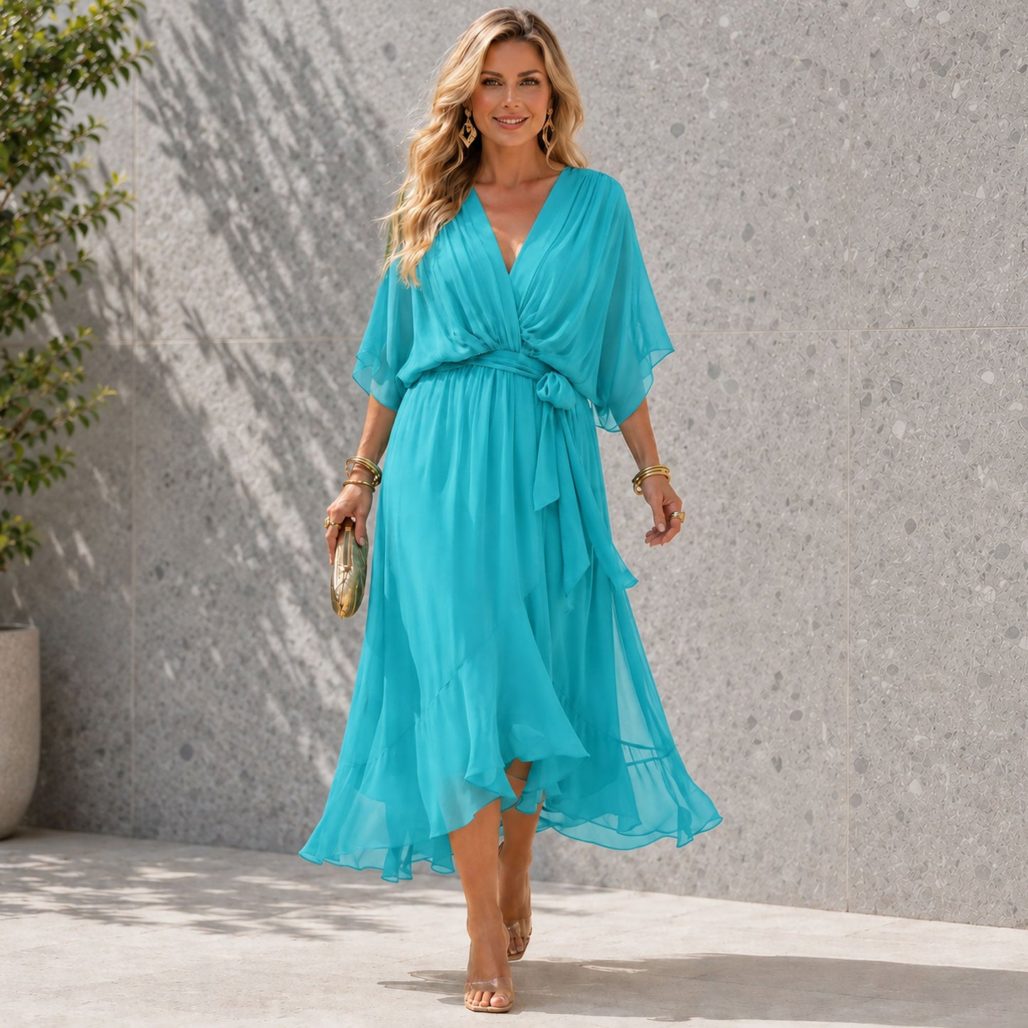 Damesjurk Chiffon met V-hals en Vloeiend Silhouet Lizzy