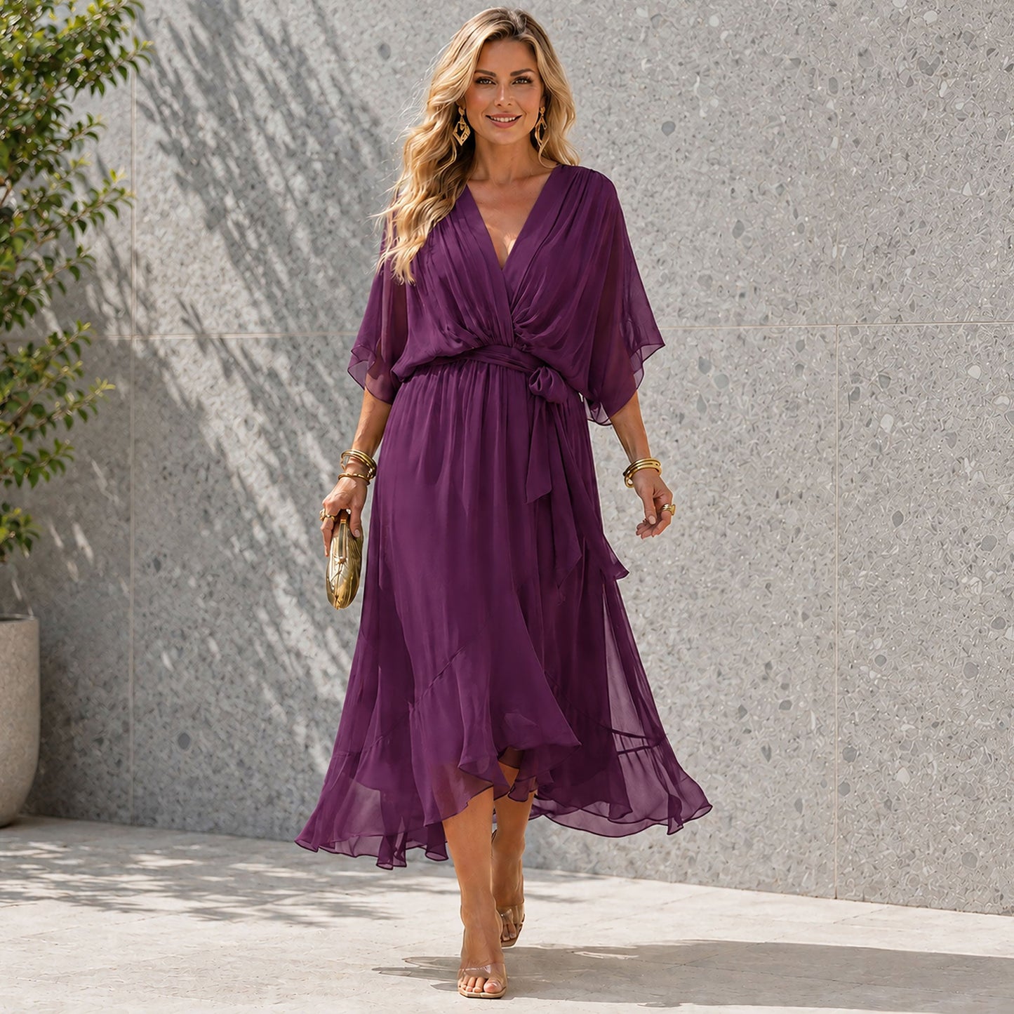 Damesjurk Chiffon met V-hals en Vloeiend Silhouet Lizzy