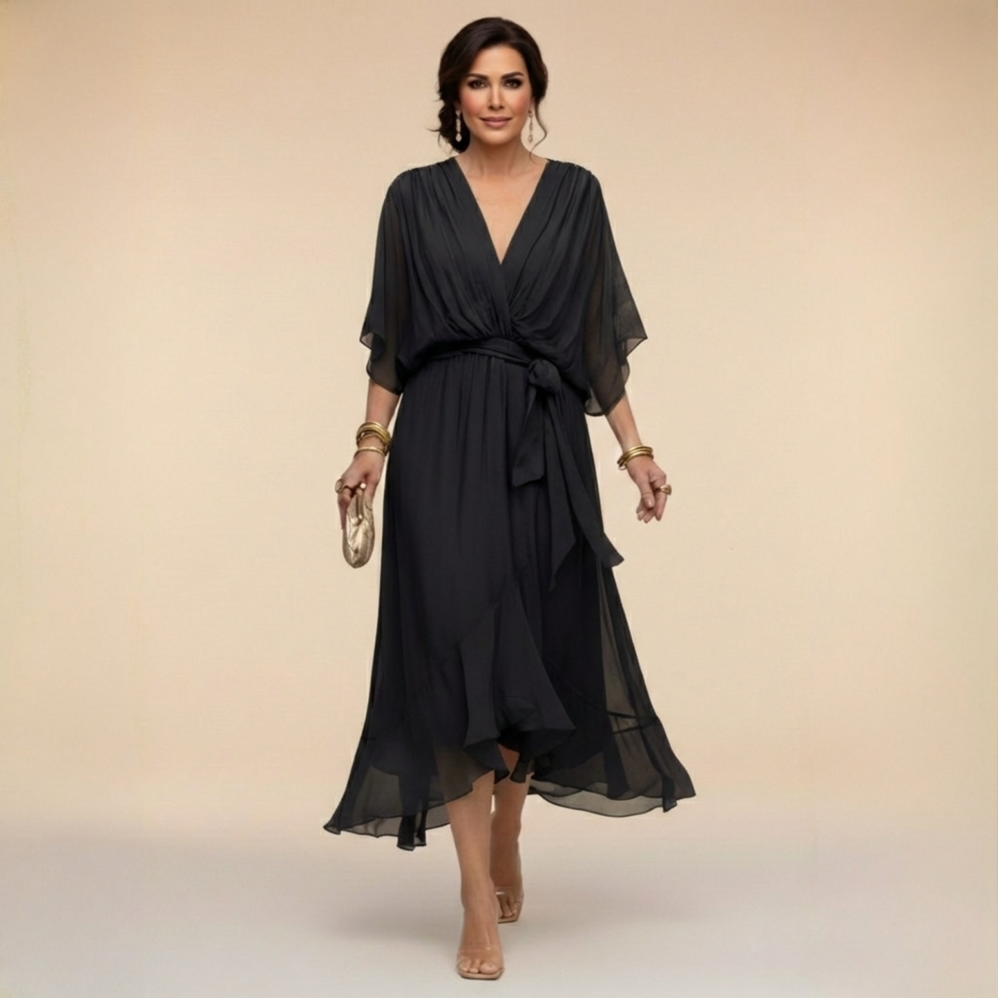 Damesjurk Chiffon met V-hals en Vloeiende Snit Lizzy