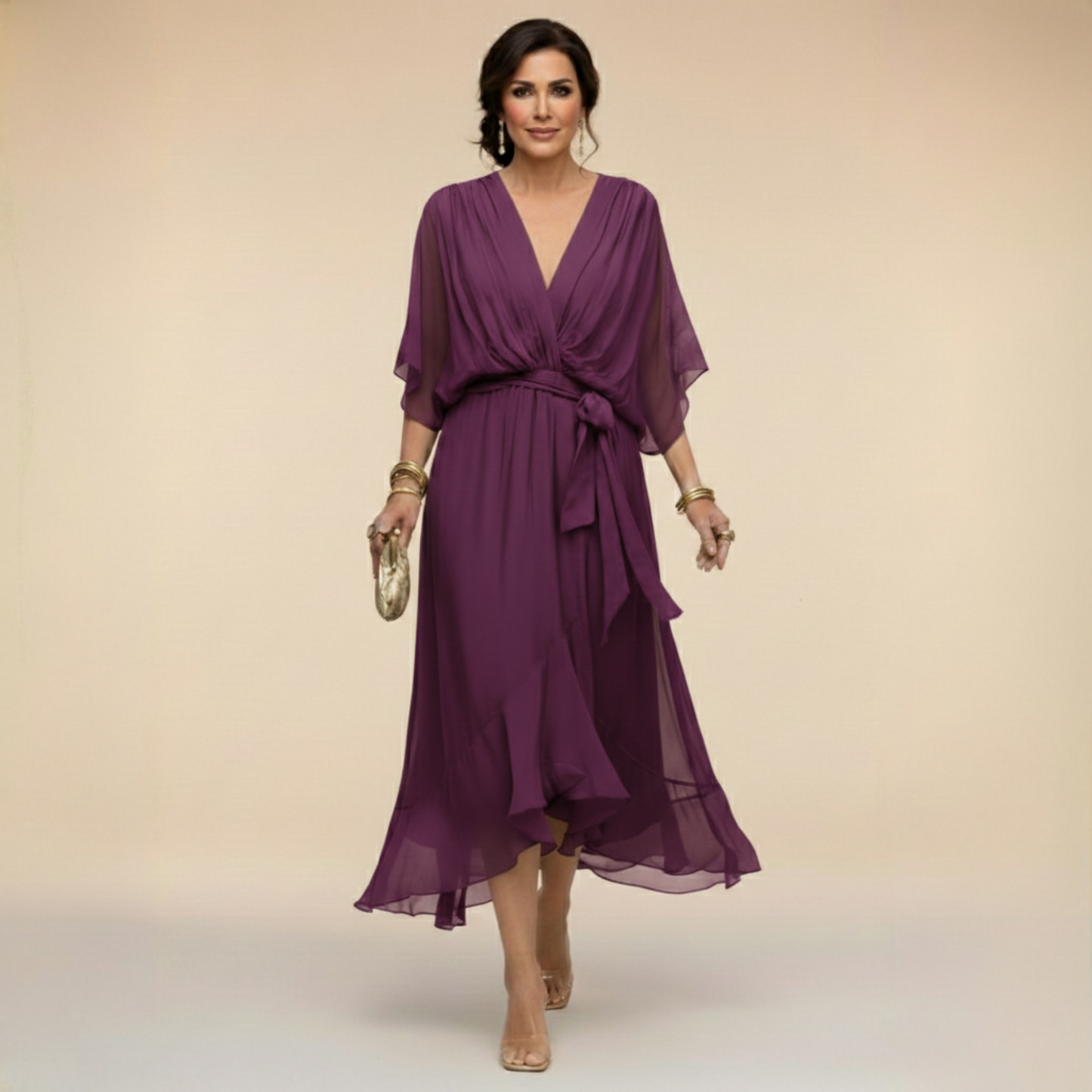Damesjurk Chiffon met V-hals en Vloeiende Snit Lizzy