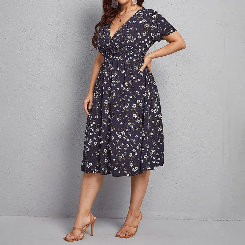 Damesjurk Trapeze met Bloemenprint en Korte Mouwen Lizzy