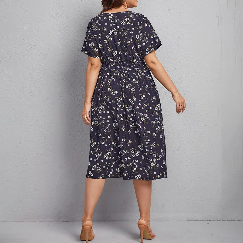 Damesjurk Trapeze met Bloemenprint en Korte Mouwen Lizzy