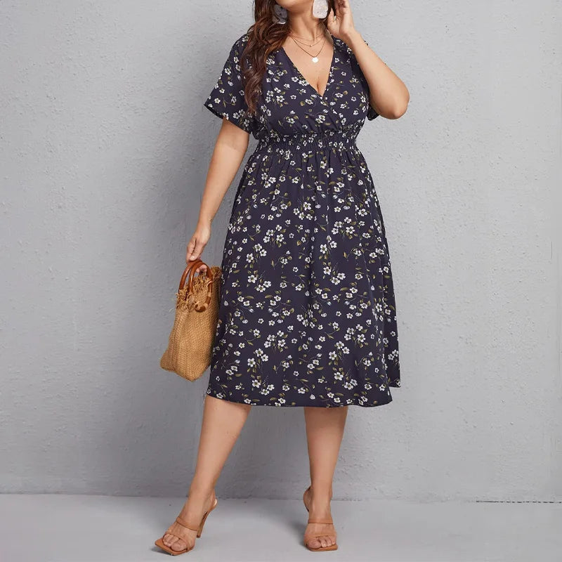 Damesjurk Trapeze met Bloemenprint en Korte Mouwen Lizzy
