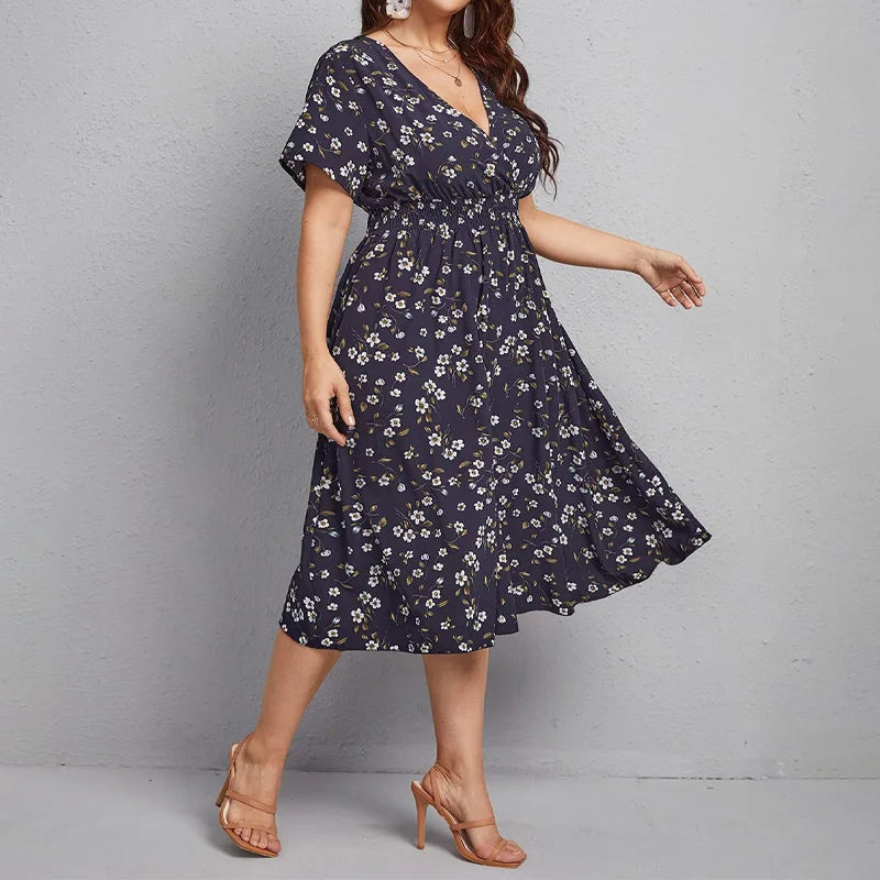 Damesjurk Trapeze met Bloemenprint en Korte Mouwen Lizzy