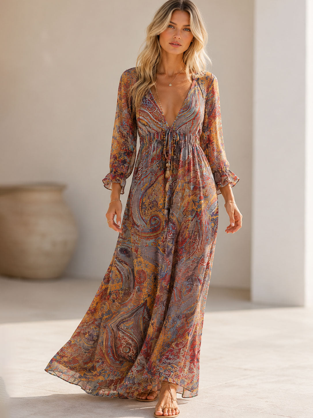 Damesmaxi-jurk met Flatterende Halslijn en Artistieke Prints Lizzy