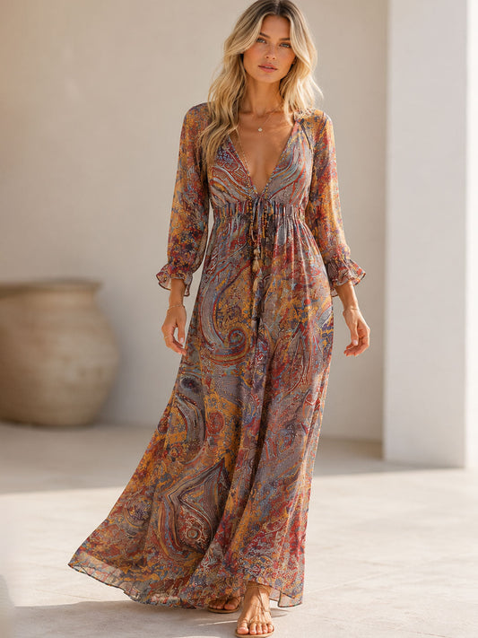Damesmaxi-jurk met Flatterende Halslijn en Artistieke Prints Lizzy