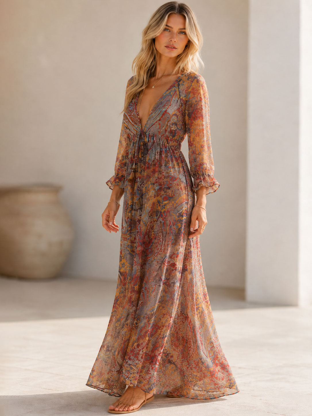 Damesmaxi-jurk met Flatterende Halslijn en Artistieke Prints Lizzy