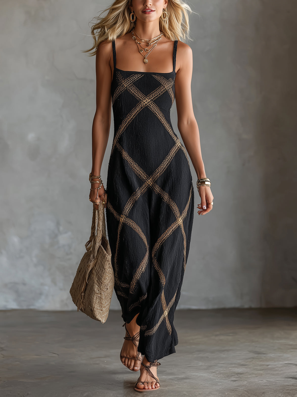 Damesmaxi-jurk met Geometrisch Patroon en Dunne Bandjes Lizzy
