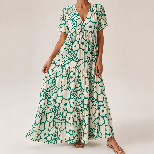Damesmaxi-jurk met V-hals en Artistieke Print Lizzy
