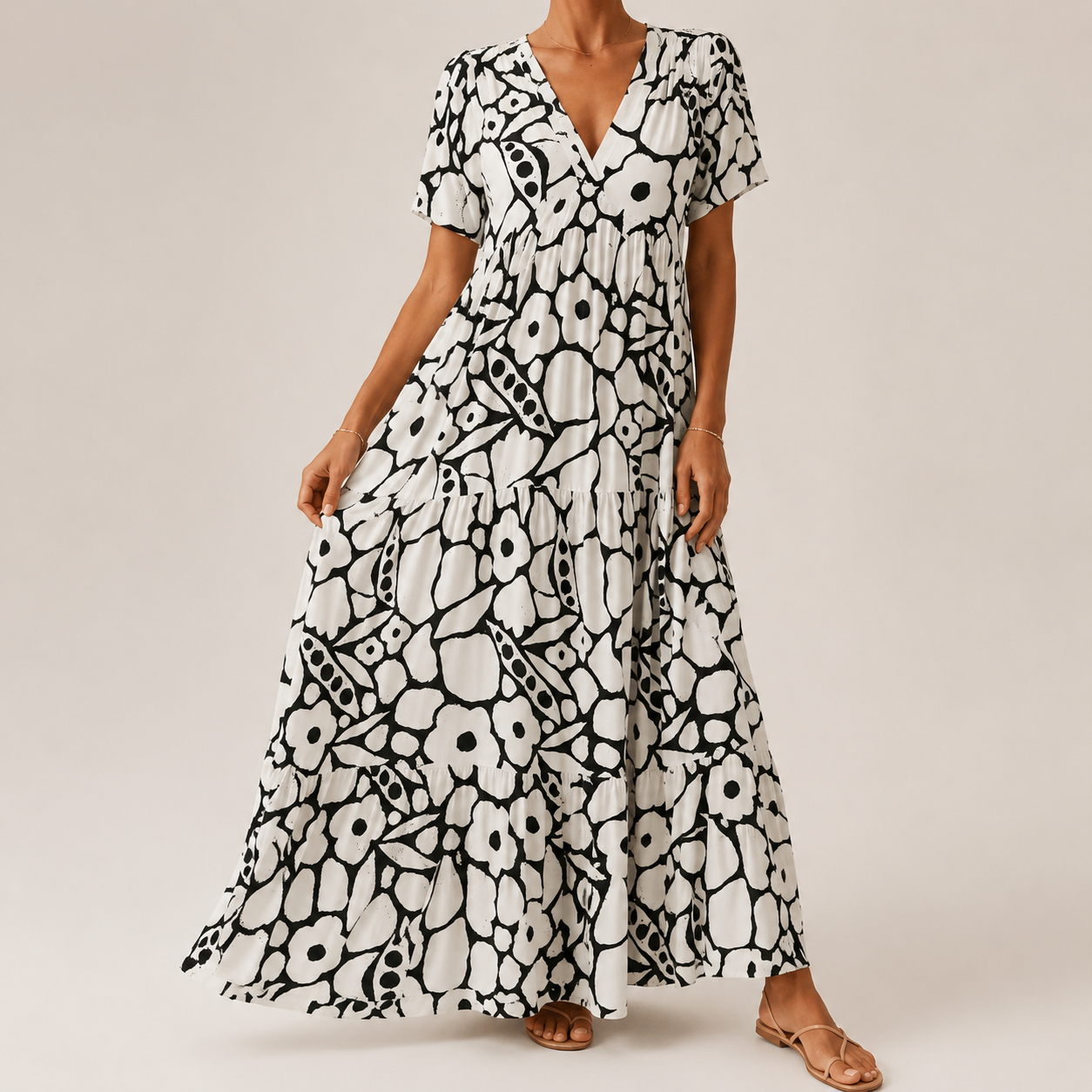 Damesmaxi-jurk met V-hals en Artistieke Print Lizzy