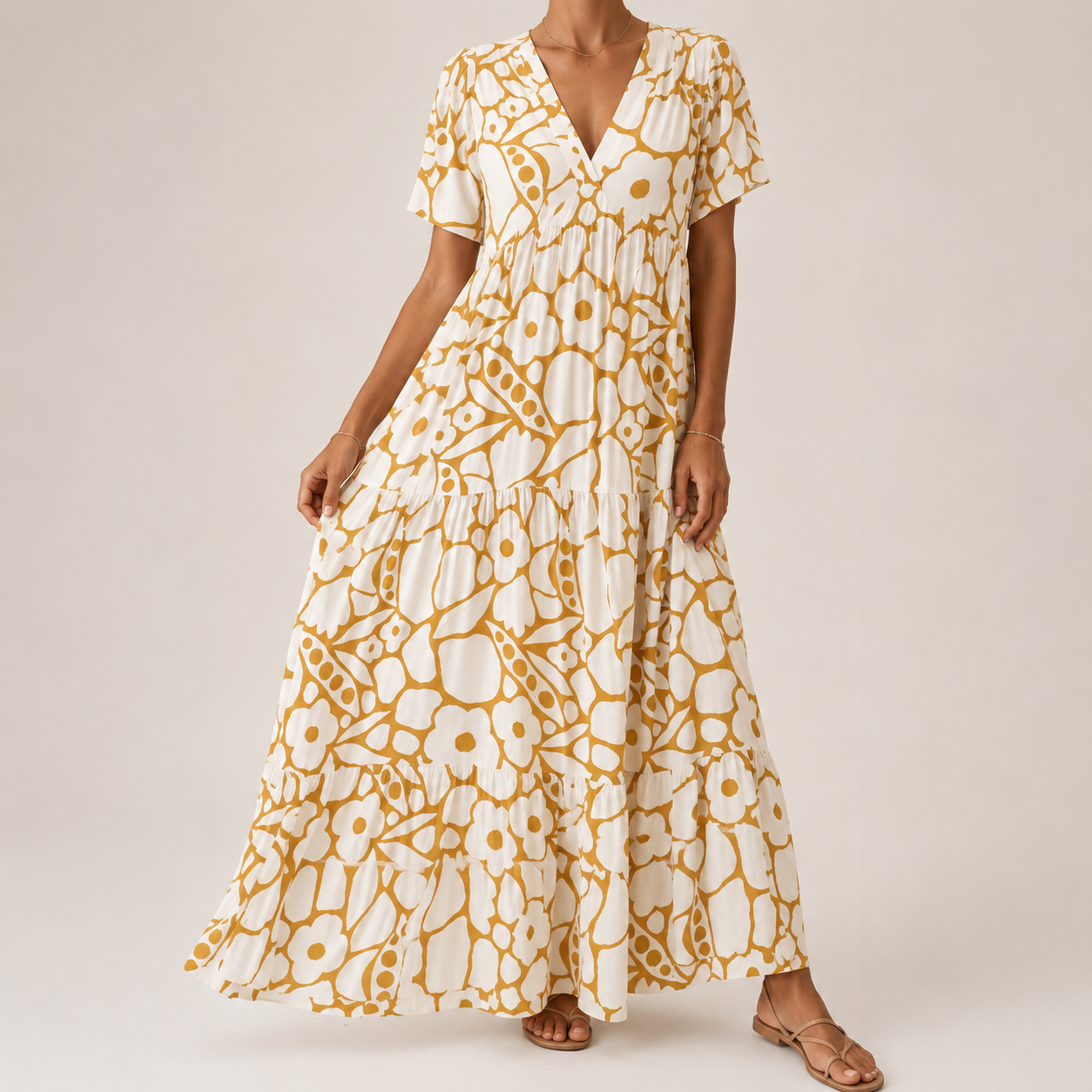 Damesmaxi-jurk met V-hals en Artistieke Print Lizzy