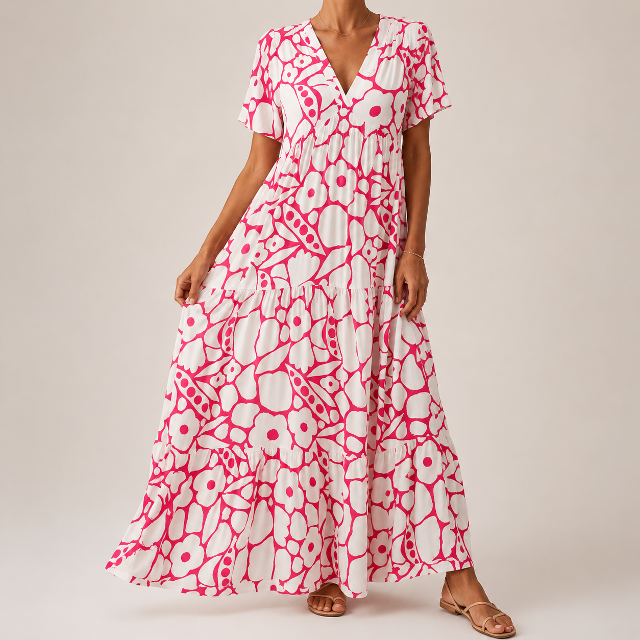 Damesmaxi-jurk met V-hals en Artistieke Print Lizzy