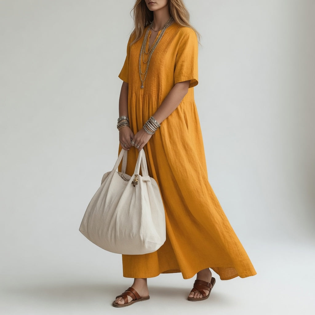 Damesmaxi-jurk met V-hals en Korte Mouwen Lizzy