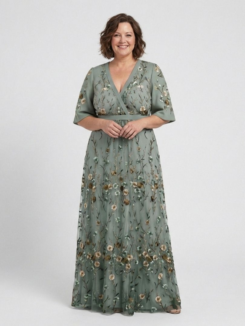 Damesmaxi-jurk met V-hals en Transparante Mouwen Lizzy