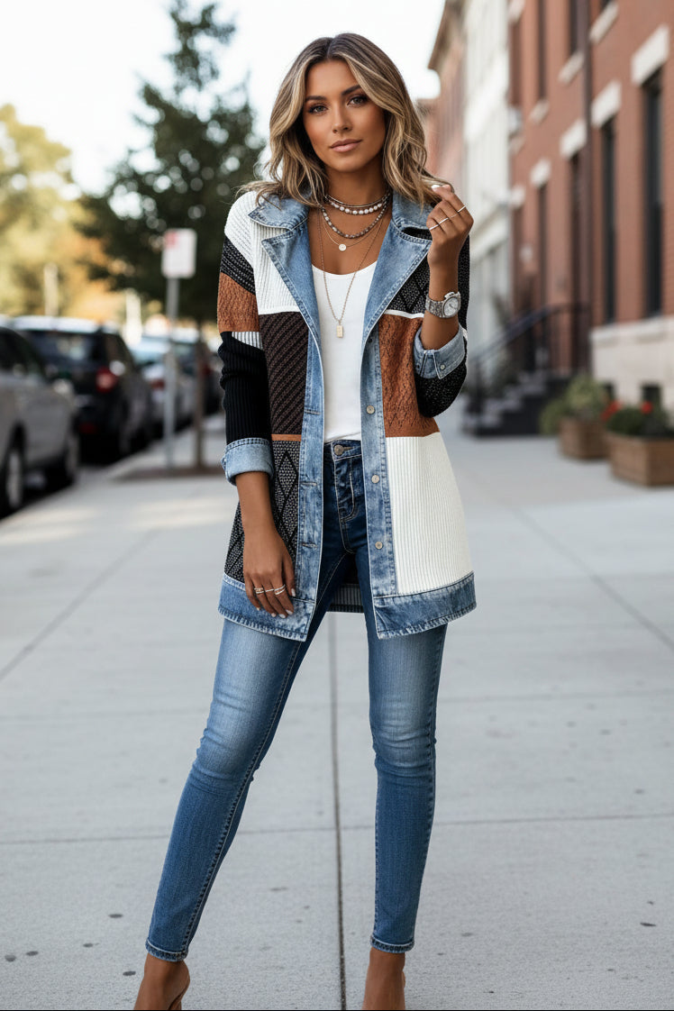 Dames Lang Vest met Denim Kraag