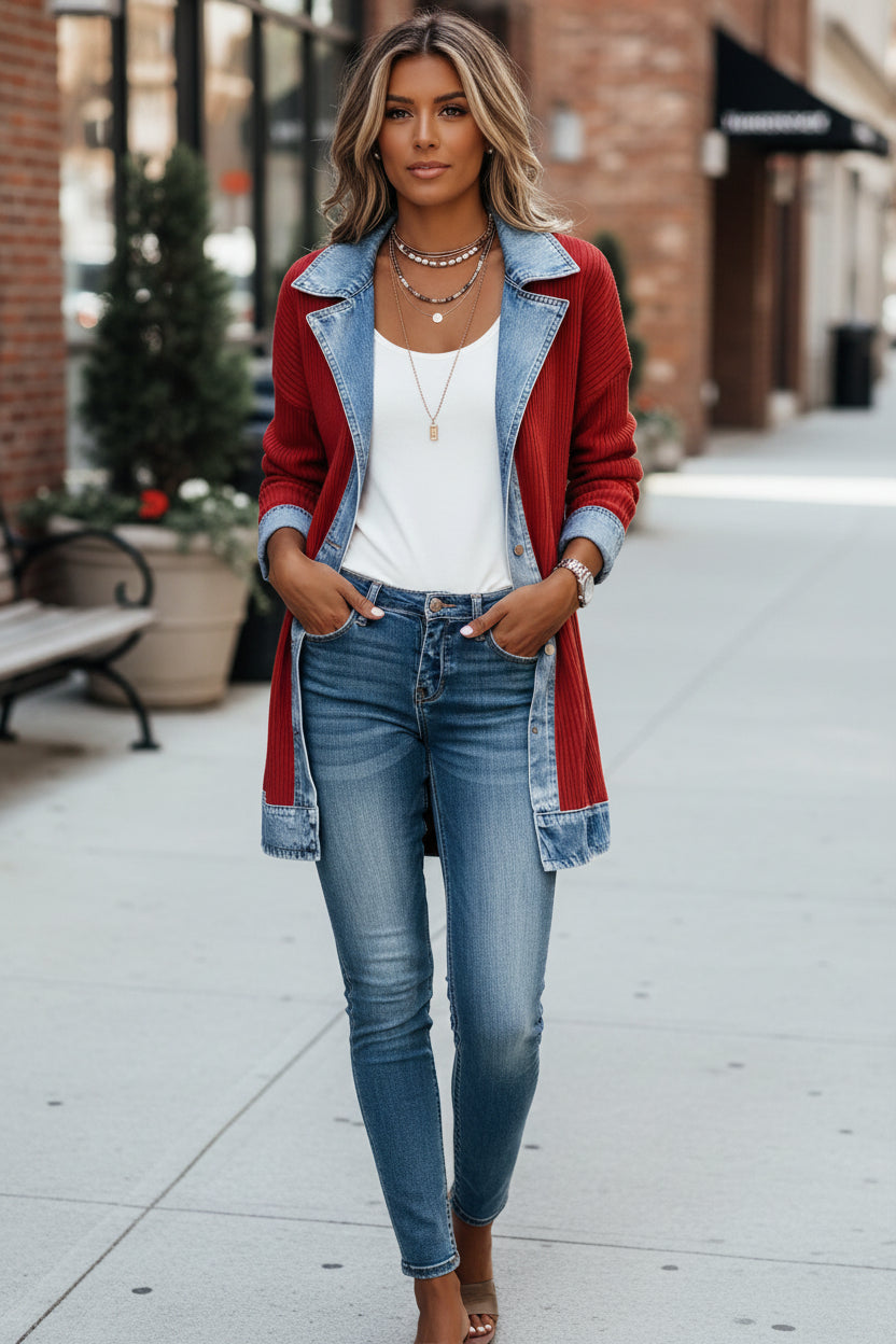 Dames Lang Vest met Denim Kraag