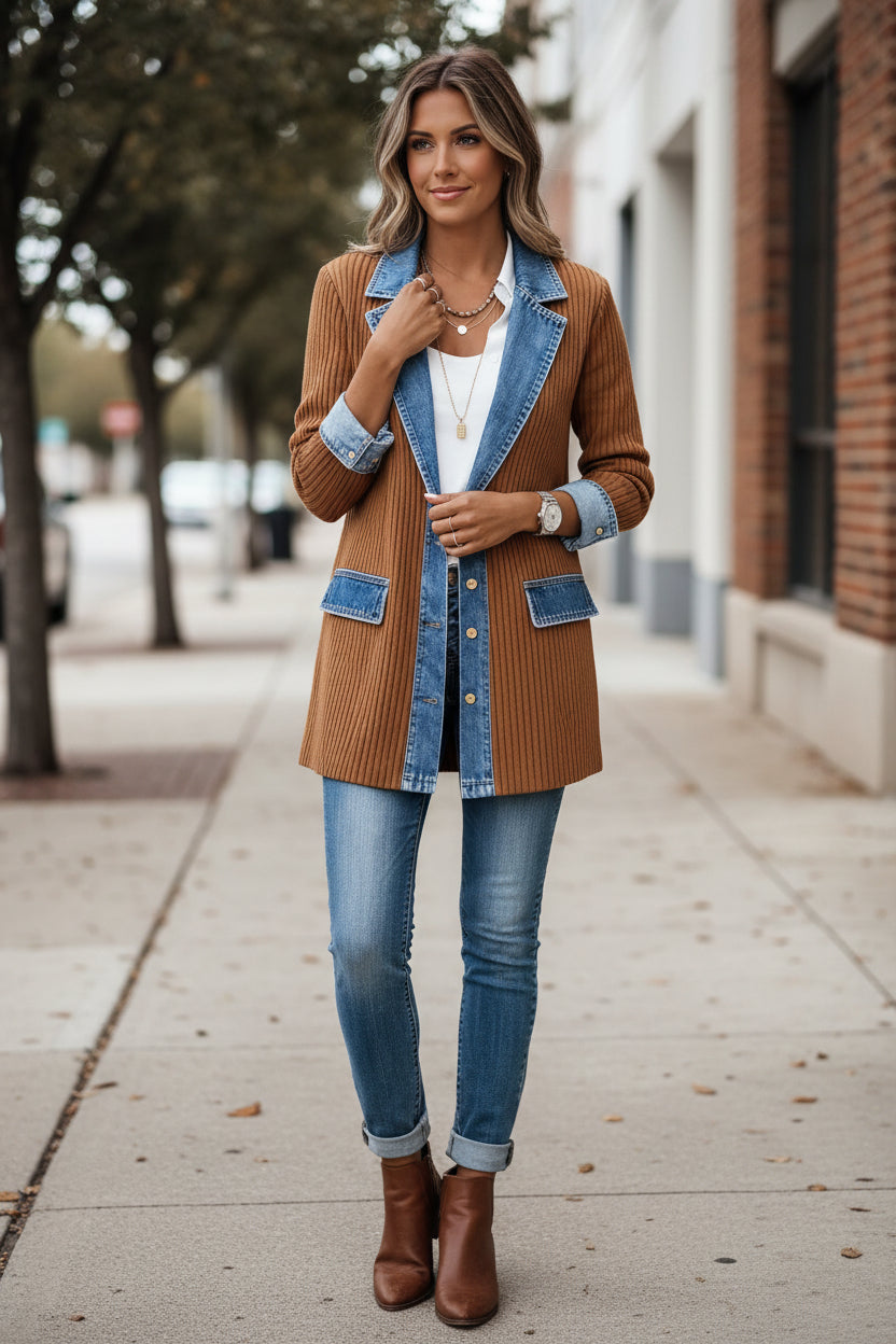 Dames Lang Vest met Denim Kraag