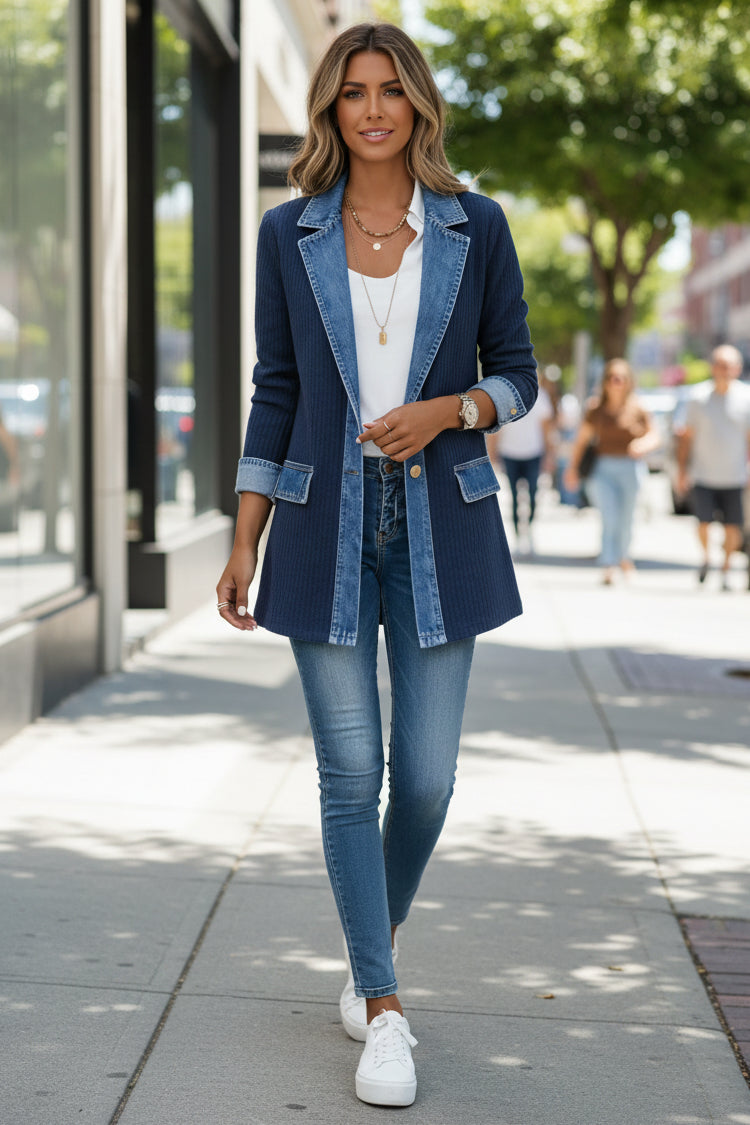 Dames Lang Vest met Denim Kraag