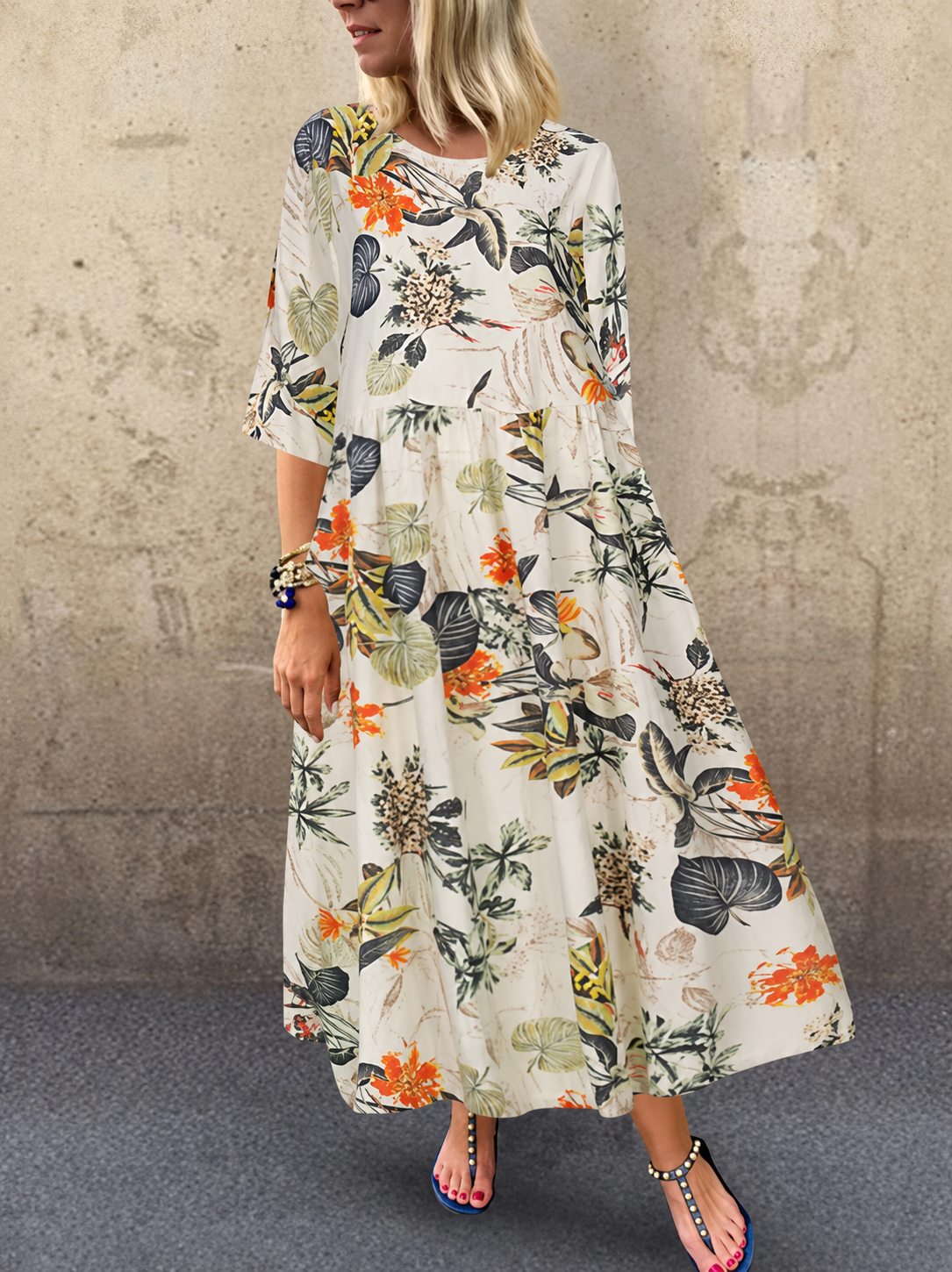 Dameszomerjurk met Driekwartmouwen en Bloemenprint Lizzy