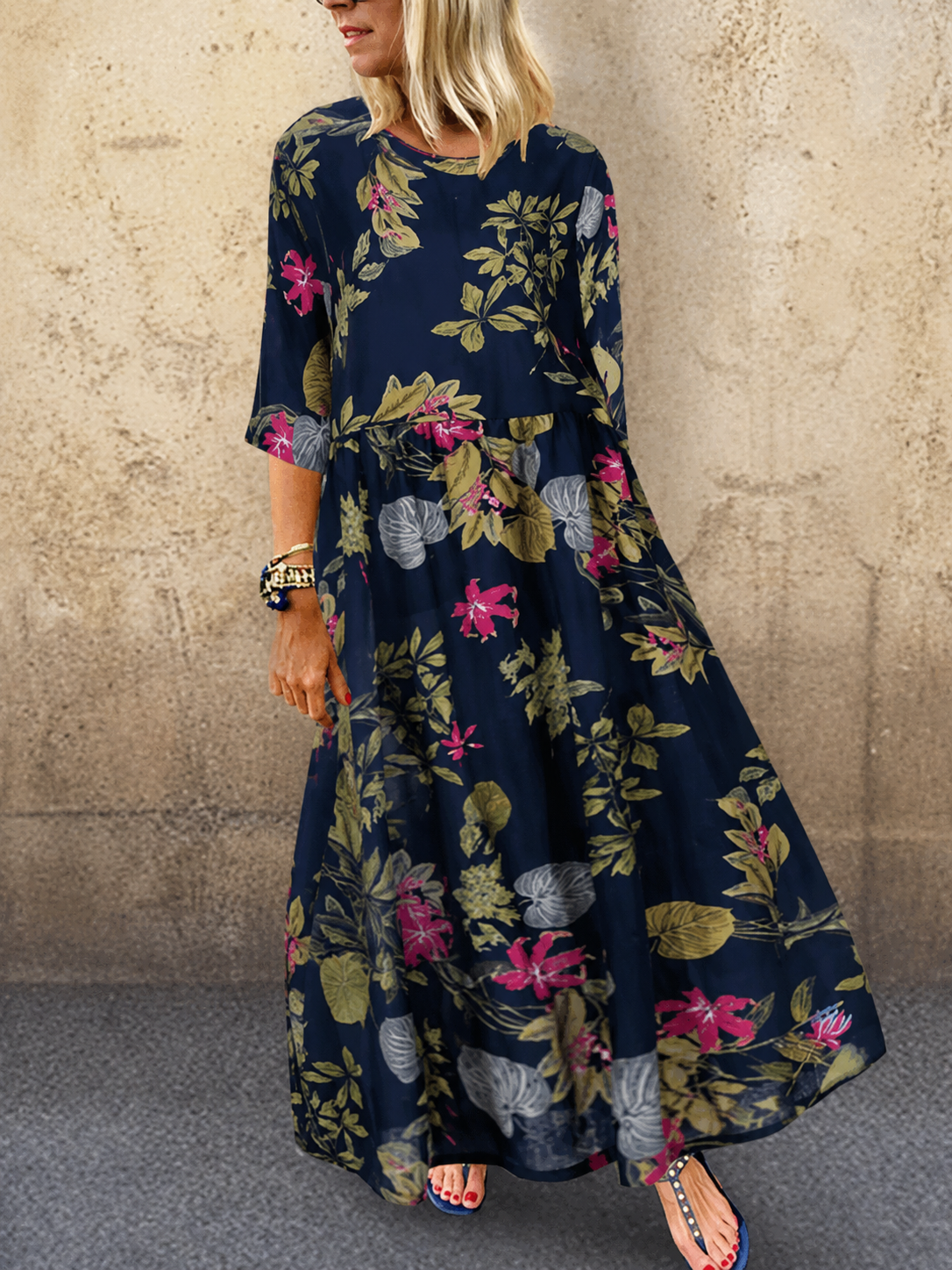 Dameszomerjurk met Driekwartmouwen en Bloemenprint Lizzy