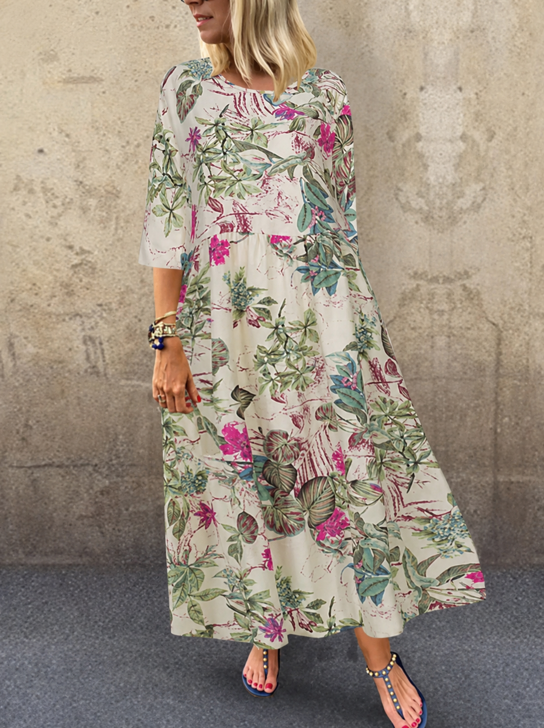 Dameszomerjurk met Driekwartmouwen en Bloemenprint Lizzy