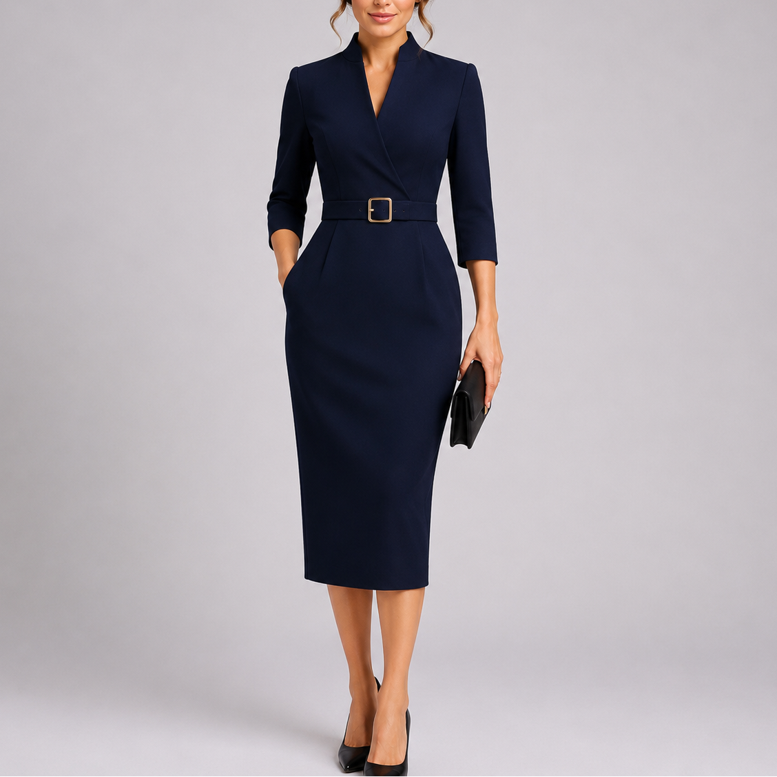 Dames Midi Jurk met V-hals en Riem