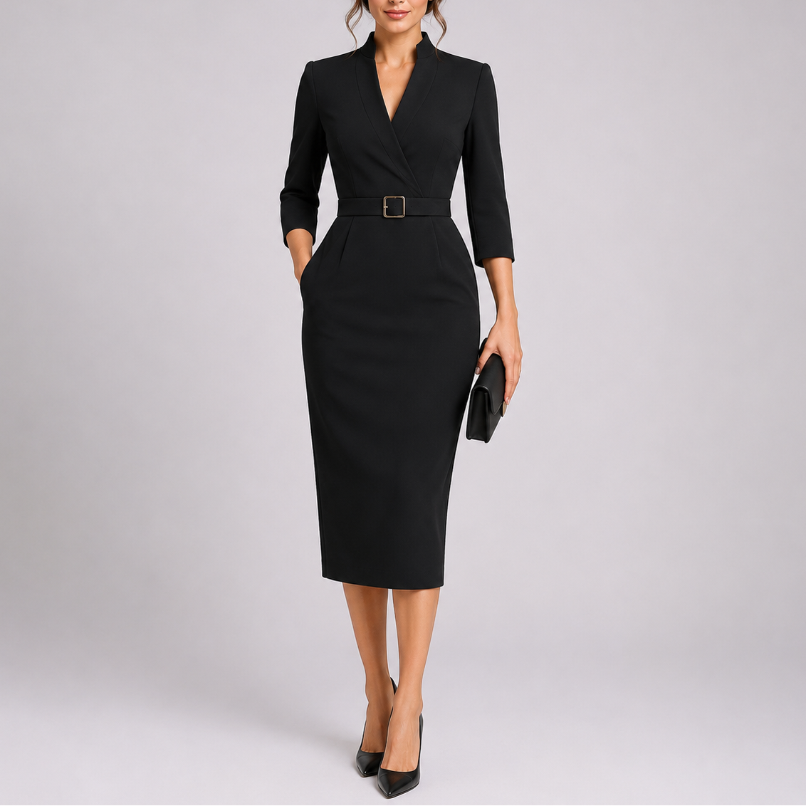 Dames Midi Jurk met V-hals en Riem