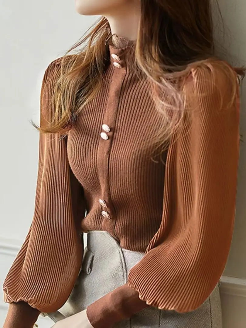 Dames Blouse met Hoge Kraag en Pofmouwen