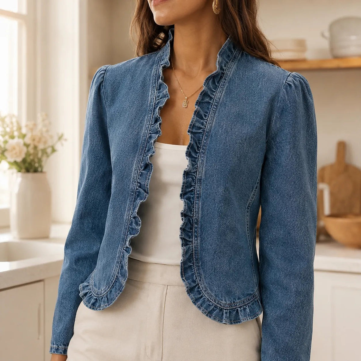 Dames Kort Denim Look Jasje met Ruches