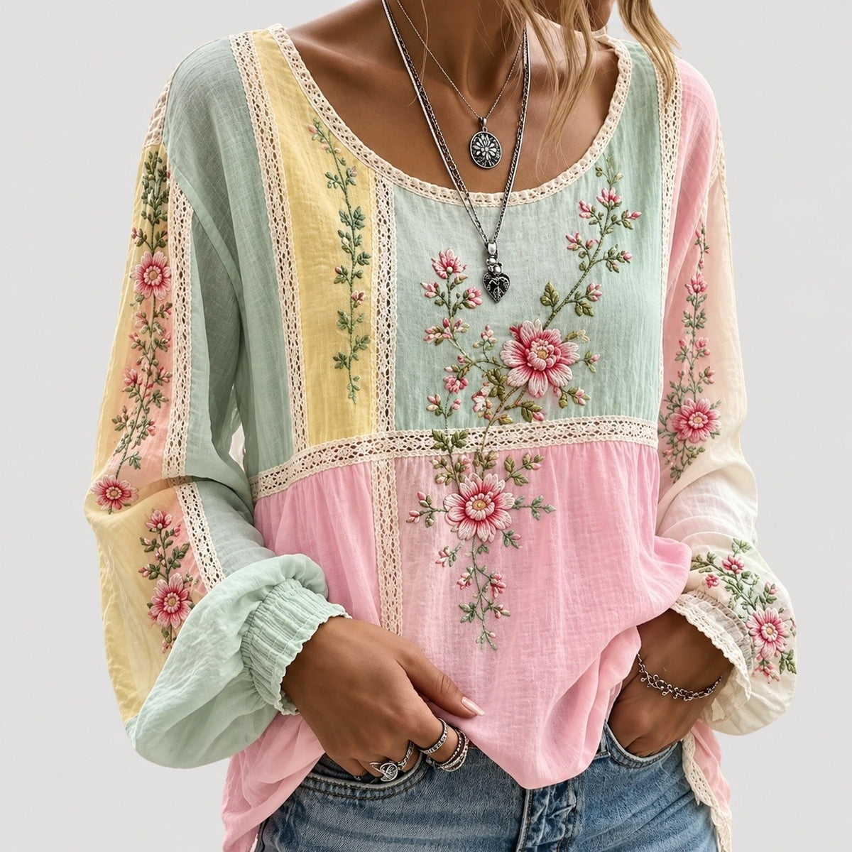 Dames Boho Blouse met Borduurwerk en Kant