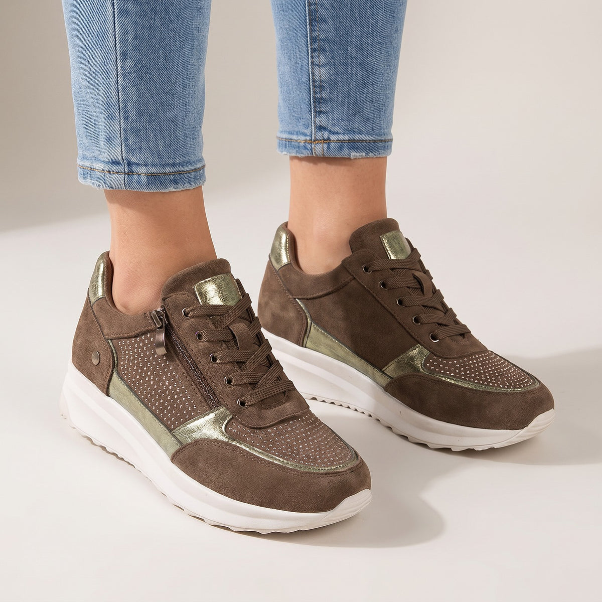 Dames Glitter Plateau Sneakers met Rits