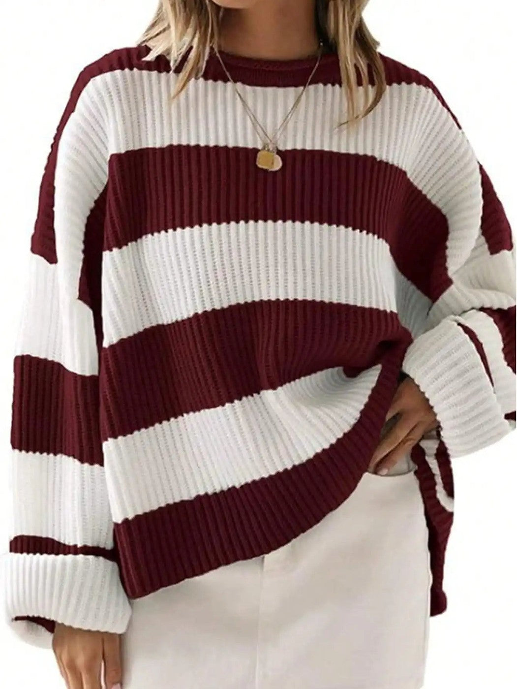 Dames Oversized Wintertrui Gestreept Grofgebreid