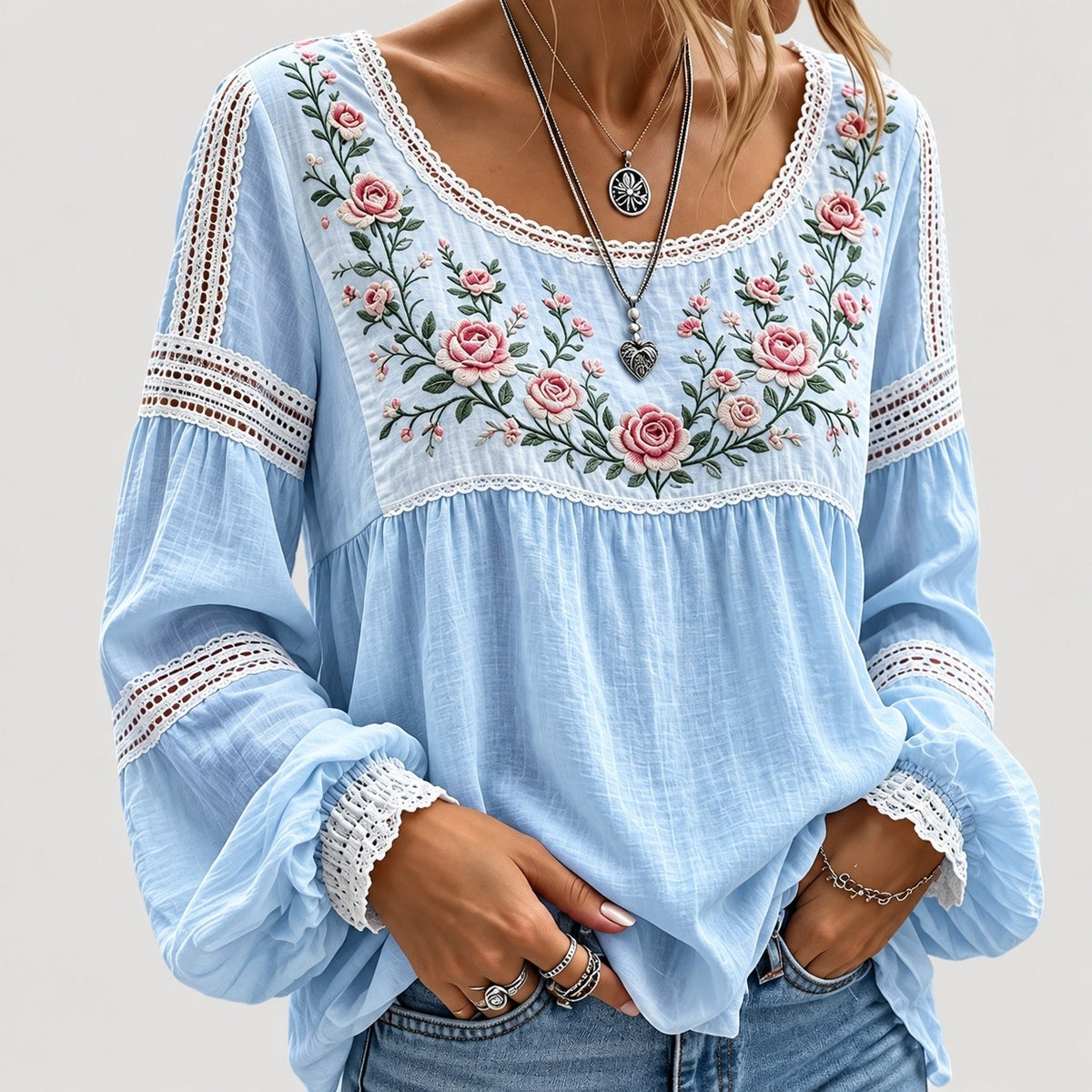 Dames Boho Blouse met Borduurwerk en Kant
