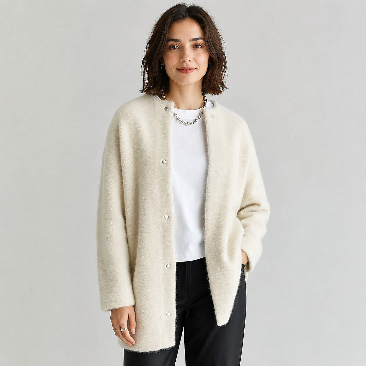 Dames Lang Gebreid Vest met Drukknopen
