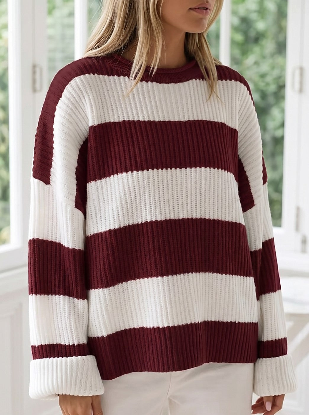 Dames Oversized Wintertrui Gestreept Grofgebreid