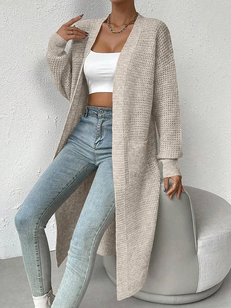 Dames Wafelgebreid Maxi Vest met Zijsplitten