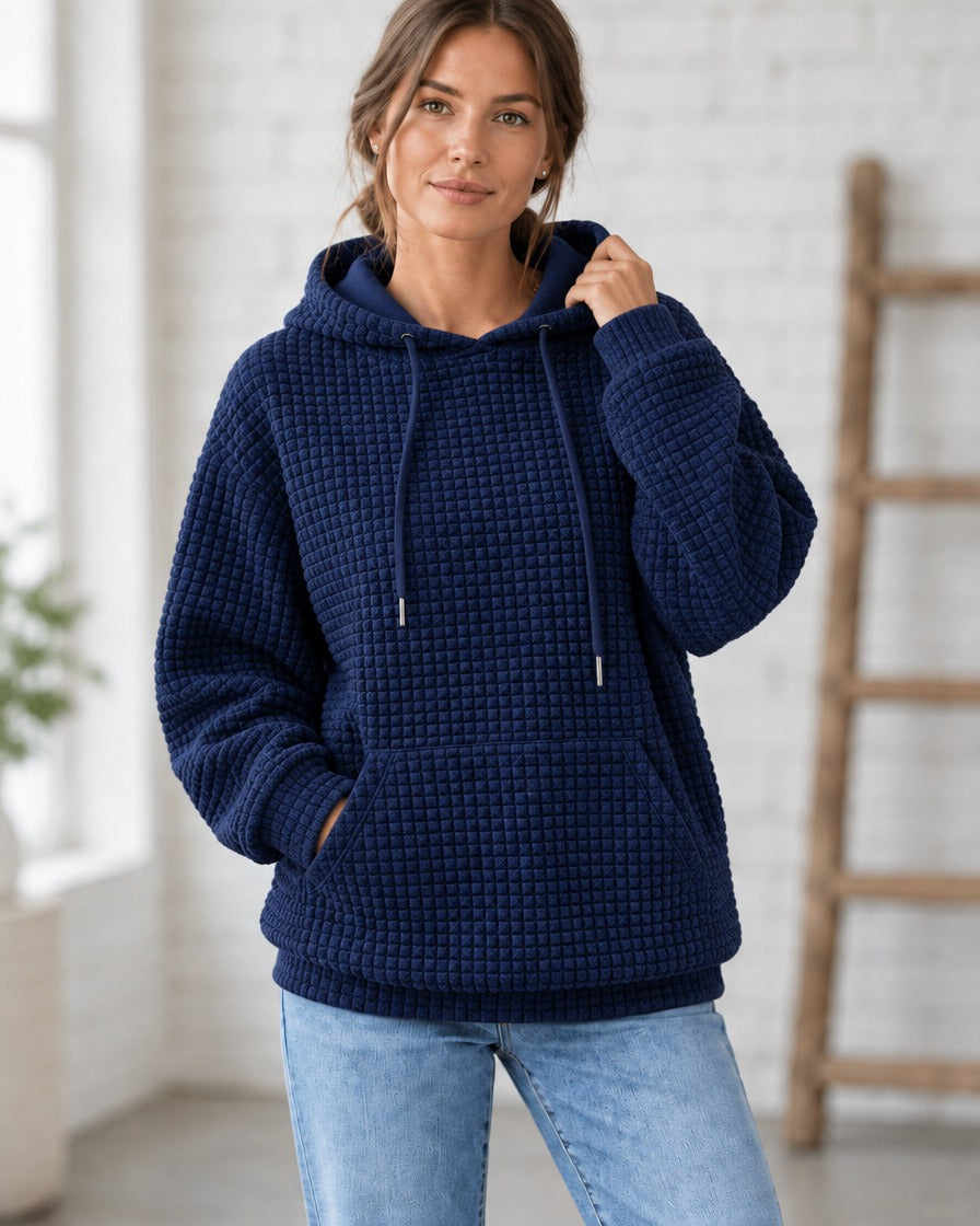 Damestrui gebreid met capuchon en functionele zakken blauw
