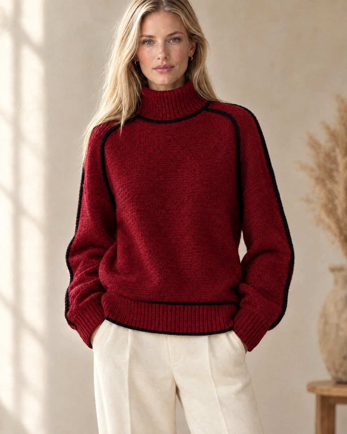 Dames Oversized Coltrui met Colorblock van Warme Gebreide Stof