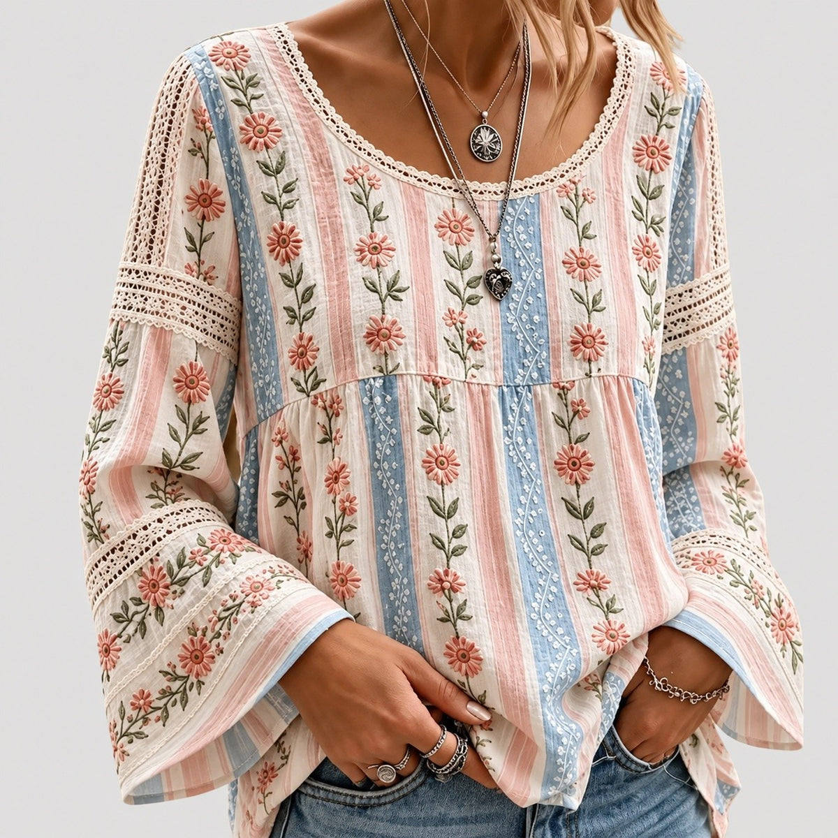 Dames Boho Blouse met Borduurwerk en Kant
