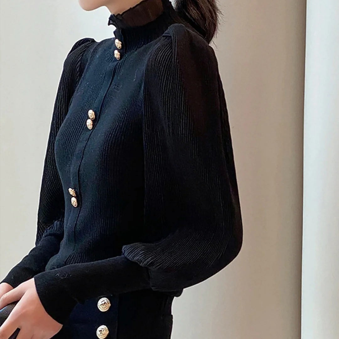 Dames Blouse met Hoge Kraag en Pofmouwen