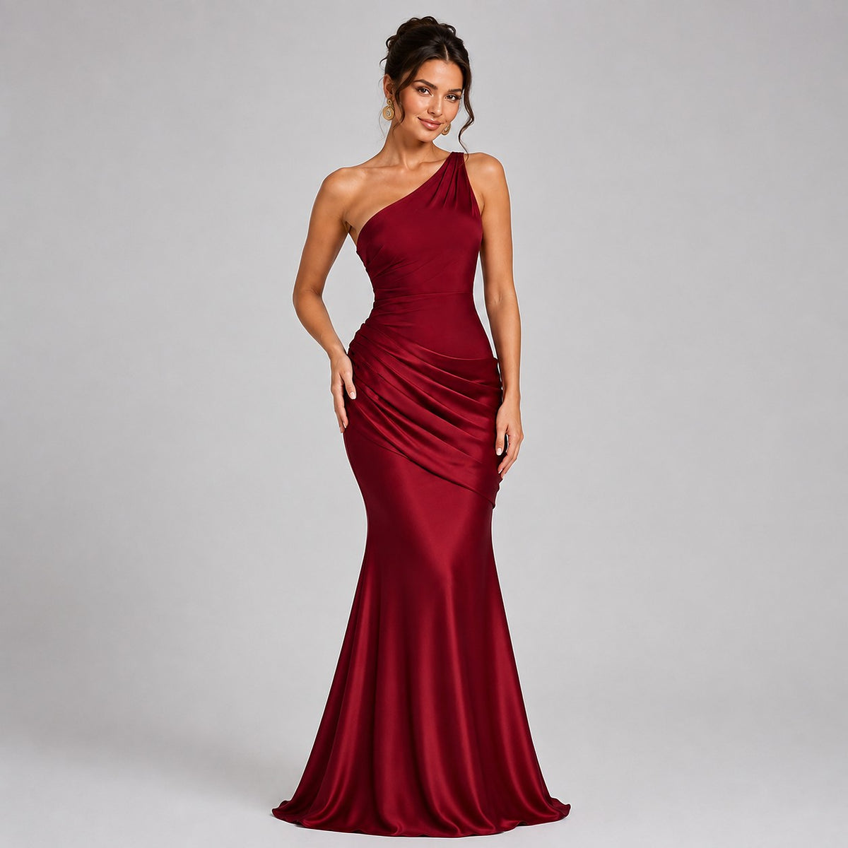 Dames Satijn Look One Shoulder Maxi Jurk