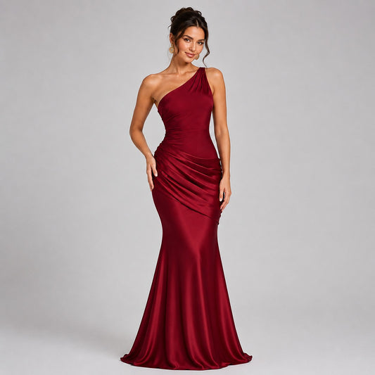 Dames Satijn Look One Shoulder Maxi Jurk