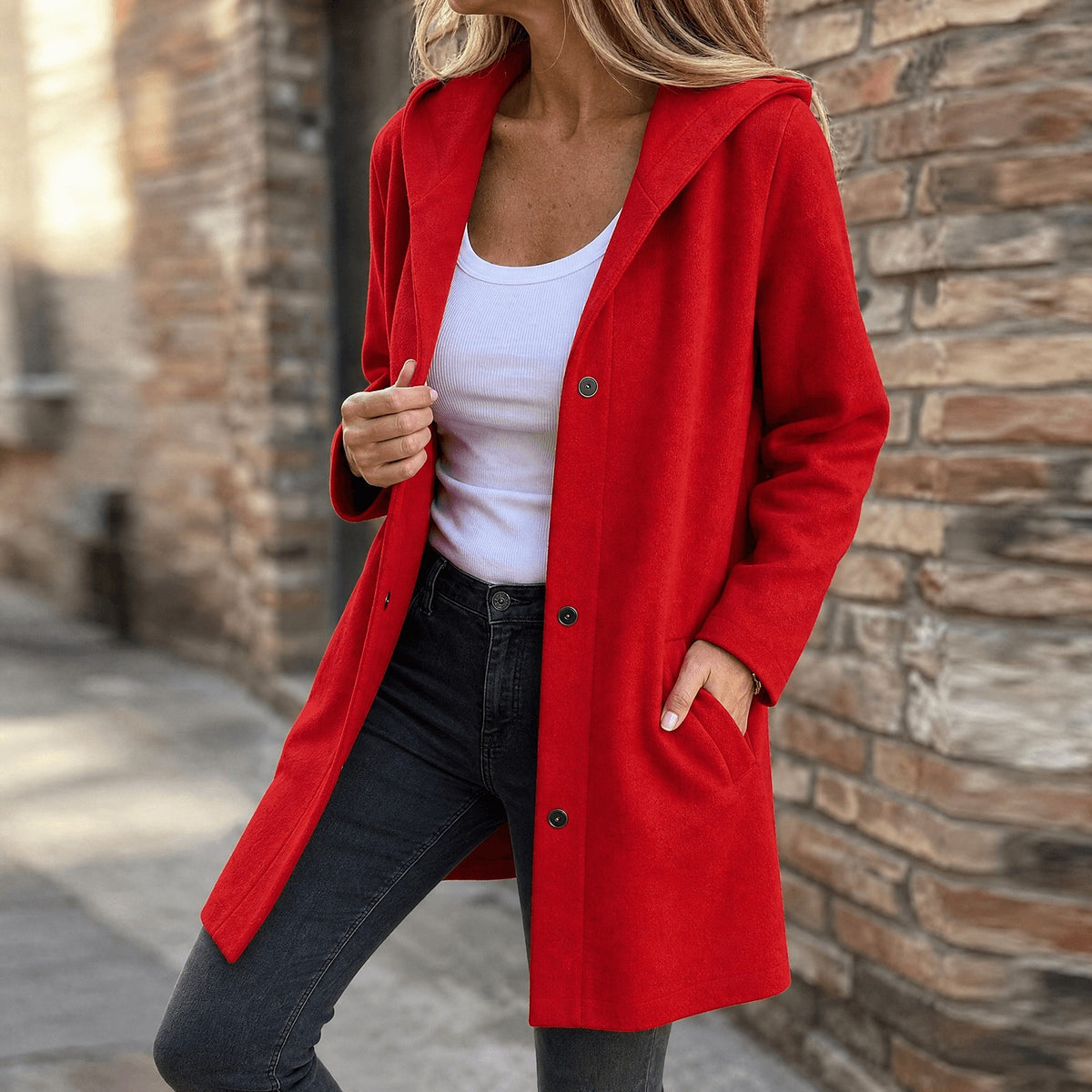 Dames Halflang Vest met Capuchon en Knopen