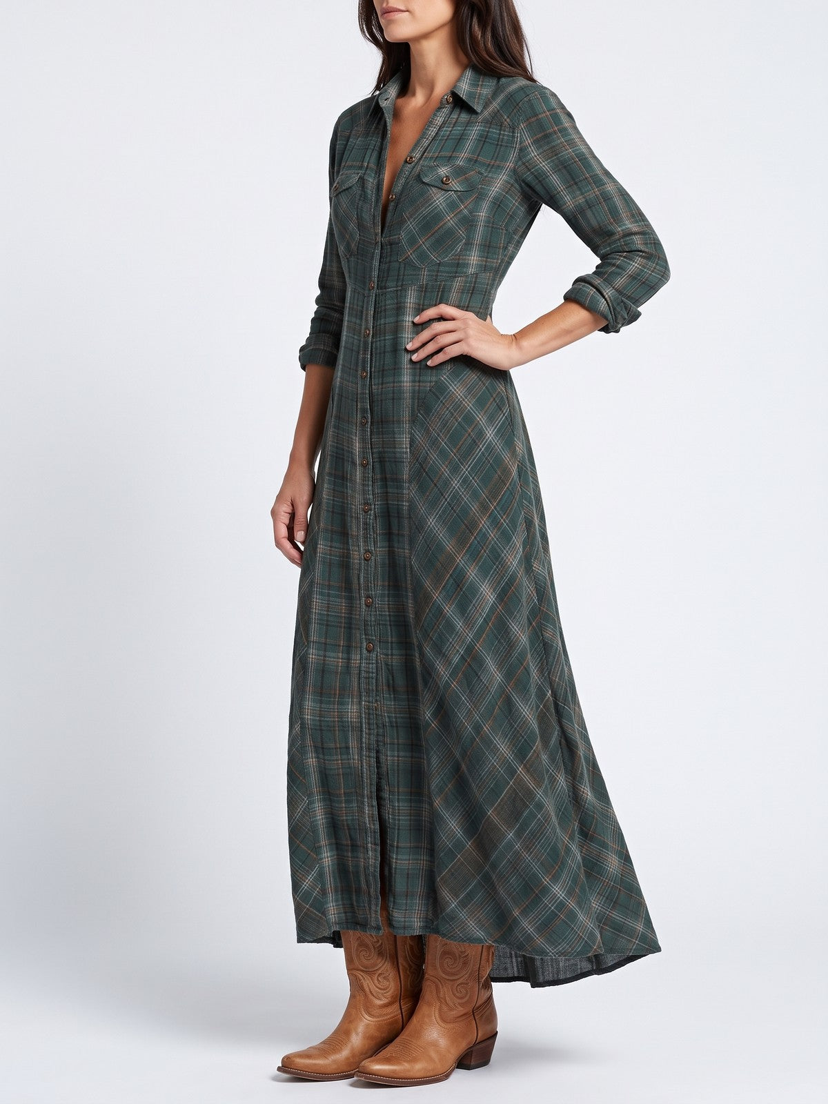 Dames Geruite Maxi Jurk met Knopen