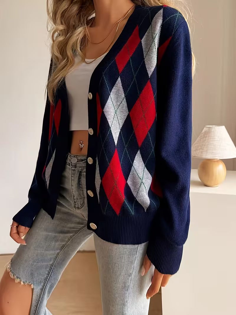 Damesvest met Argyle Ruitpatroon en Knoopsluiting