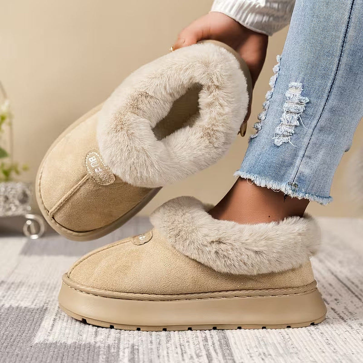 Damespantoffelboots met Imitatiebont en Plateauzool