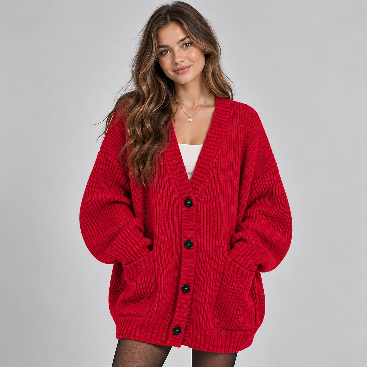 Dames Oversized Grof Gebreid Vest met Knopen