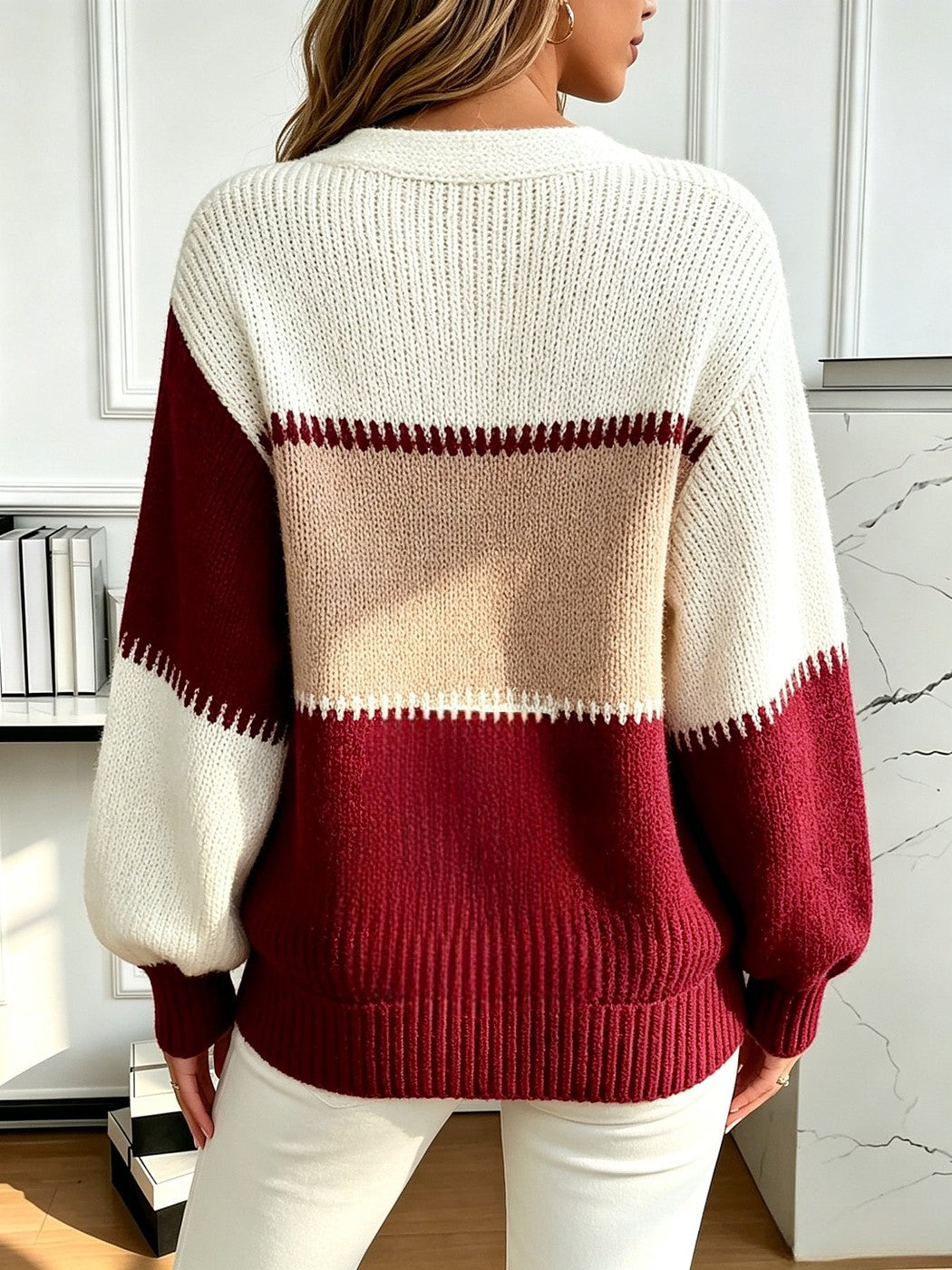 Damesvest Kleurblok met Pofmouwen en V-hals