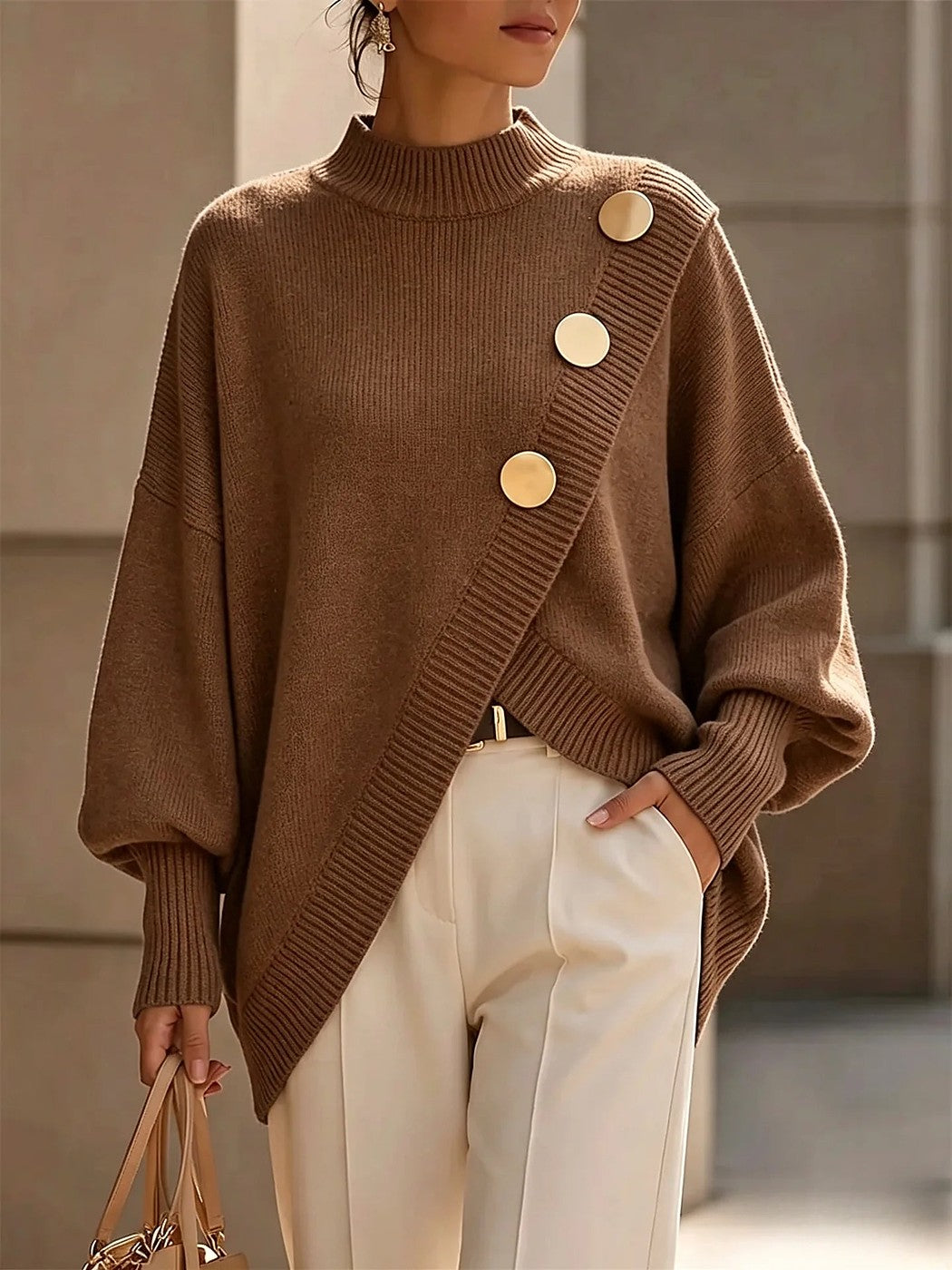 Dames Oversized Trui met Schouderknopen en Ribkraag